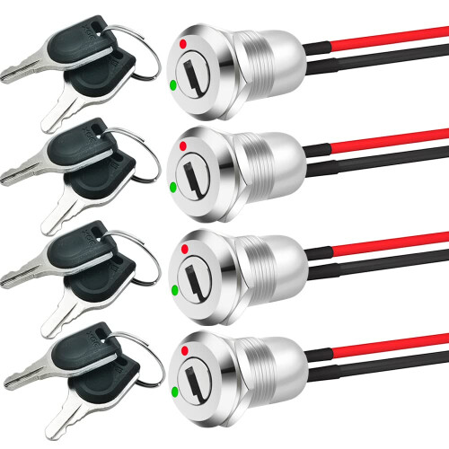 12mm Metal Key Lock Switch On/Off Pre-wired Key Switch Maintained Lock Key Switch (Pack of 4)