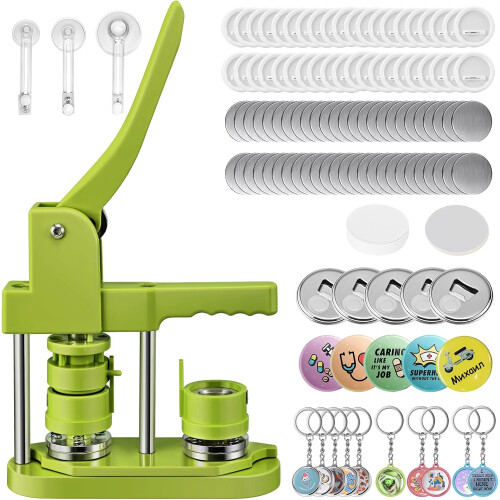 Badge Maker Button Machine, DIY Pin Maker Badge Press Machine for Multiple Sizes with 10 Bottle Openers, 10 Keychain Combinations