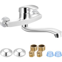 Wall-mounted kitchen faucet, 360 swivel stainless steel faucet with a 25 cm reach, single-lever hot and cold mixer tap, G1/G2/G3/G4 connection.