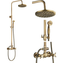 Vintage messing douchekolom met douchekraan, handdouche en douchekop, in hoogte verstelbaar van 80 tot 120 cm.