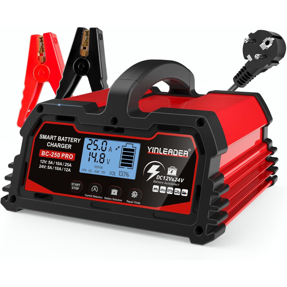 25A 12V/24V 12A Smart Car Battery Charger, Lcd Car Charger, Battery Maintainer For Agm, Motorcycle, Lawn Mower 4027070127648