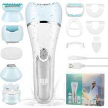 Electric epilator for women, 6 in 1, facial epilator, cordless, rechargeable, LED screen, wet and dry with exfoliating brush, cleaning brush, massage