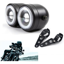 Phare double LED pour moto avec supports de fixation, phare LED avec feux de croisement/route et feux de jour.