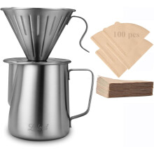 Cafetière à filtre manuel, ensemble en acier inoxydable 304 avec 100 filtres en papier n 2 et un pot à lait de 600 ml, pour la maison et le camping