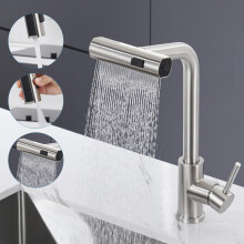 Black Waterfall Kitchen Faucet, Kitchen Mixer Tap with Pull-Out Sprayer and 3 Flow Settings, 360 Rotating Retractable Kitchen Sink Faucet in Brushed