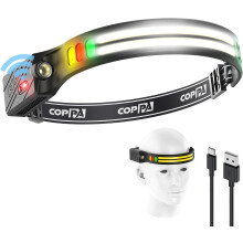 Lampe frontale LED rechargeable H4C (lot de 1) avec détecteur de mouvement, lumière blanche, jaune, rouge et verte, ultra-lumineuse, idéale pour