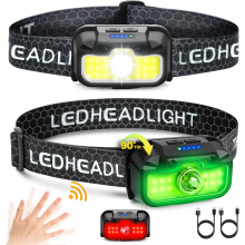 Set van 2 oplaadbare hoofdlampen, 1300 lumen helder licht met witte, groene en rode flitslichten, waterdichte hoofdlamp met bewegingssensor, 14 s
