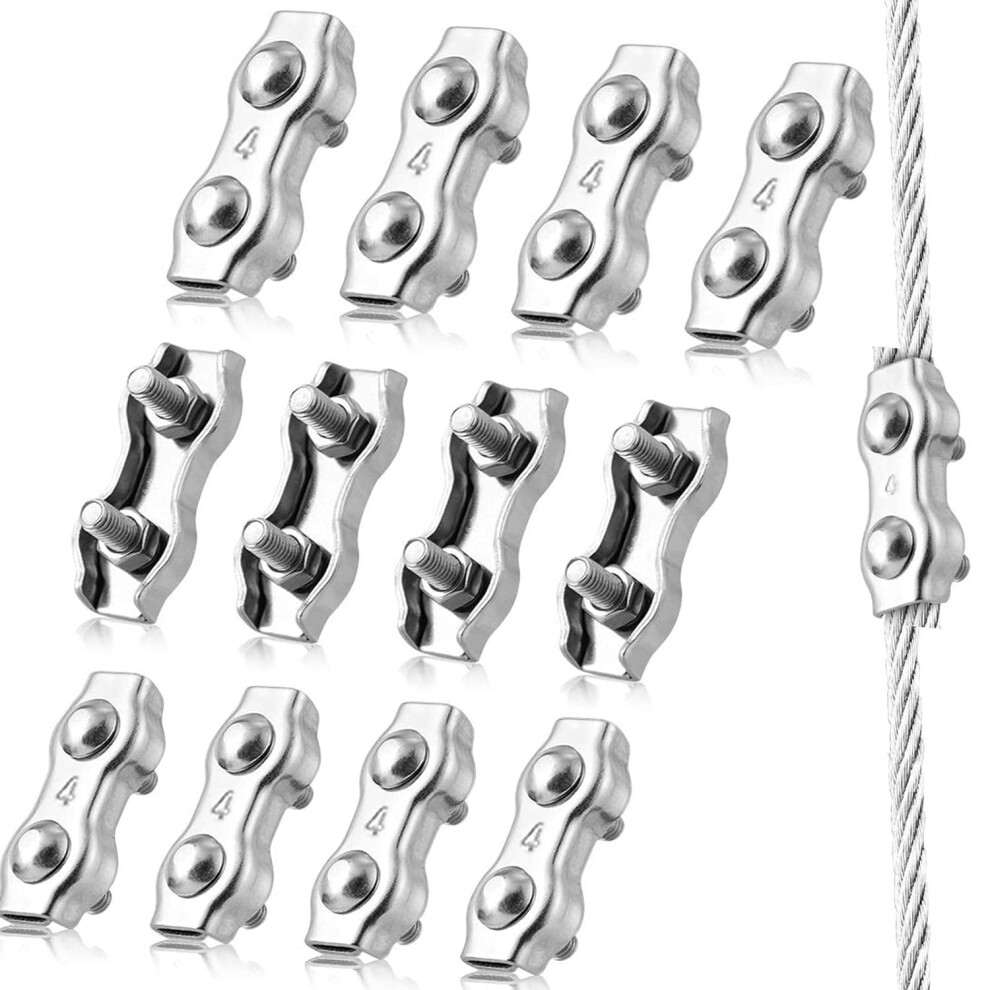 12 Pcs M4 Duplex Cable Clips 304 Stainless Steel Cable Clamps For Wire Rope Clotheslines, Hanging Sun Sails, Fixed Patio 4027070136671