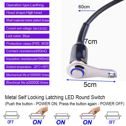 5A/12V Universal Locking Stainless Steel Blue LED Motorcycle ON-Off Switch Adjustable Handlebar Mount Waterproof Switch Button 1