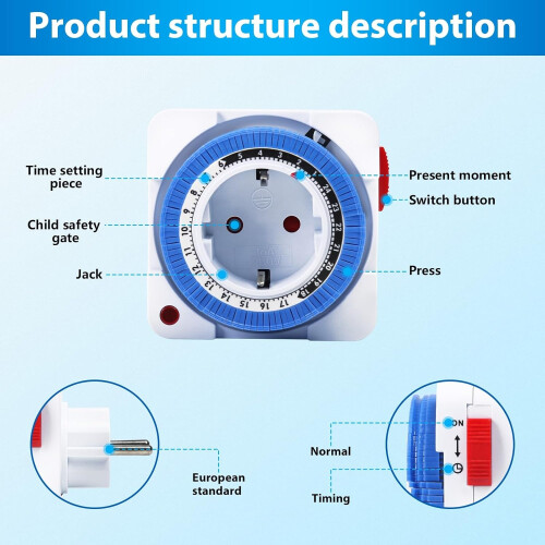 Electrical Plug Timer, 24-Hour Timer Plug with 96 Switching Segments, Programmable Timer Switch with Indicator Light, 16A AC 230V 2