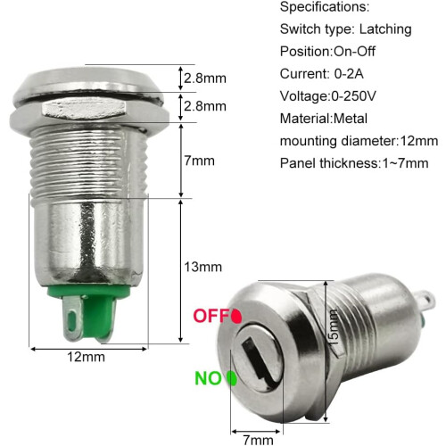 12mm Metal Key Lock Switch Ignition/Stop Key Lock Switch Maintained Key Lock Switch (Pack of 5) 1