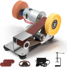 Mini electric belt sander, small table-mounted electric belt sander with fixed clamp, polishing wheel, polishing wheel for DIY woodworking and metalwo