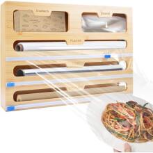 Distributeur de papier aluminium en bambou avec coupe-papier, distributeur 5 en 1 pour papier aluminium et film étirable, organiseur de rouleaux