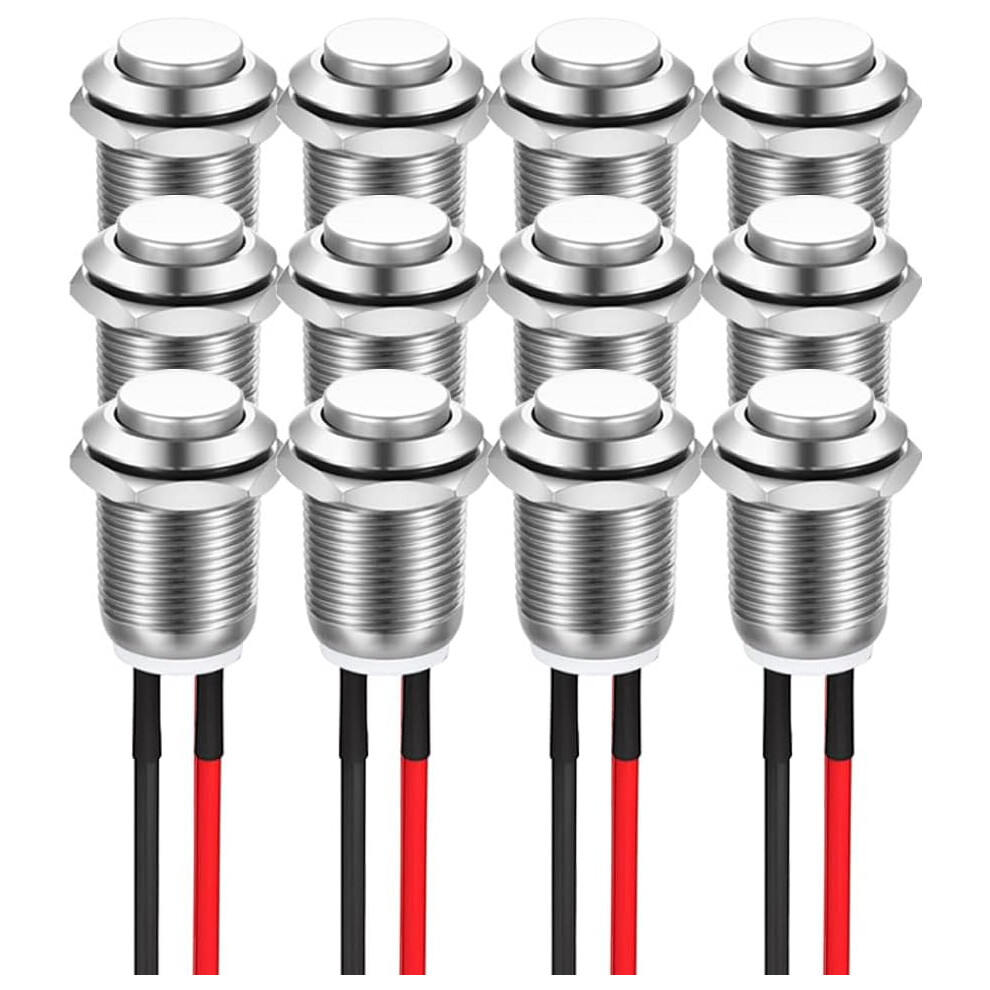 12 Pieces 12Mm 2A 12V/24V/125V/250V Ac Momentary Push Button Metal Housing With Pre-Wiring, Ip65 Waterproof Push Button (Head Up) 4027070138552