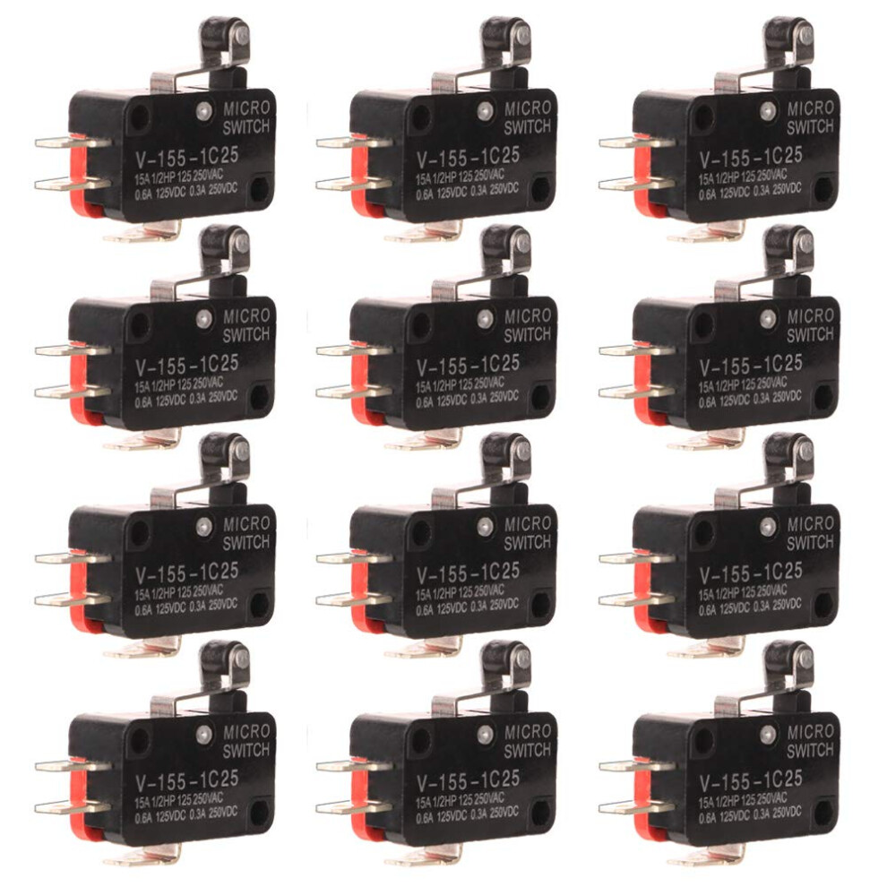 12Pcs V-155-1C25 Micro Limit Switch, Spdt Momentary Cherry Push Button Hinge Roller Snap Action Perfect For Appliances And Electronic Equipment 4027070133212