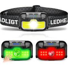 Oplaadbare hoofdlamp, 1300 lumen ultraheldere hoofdlamp met rood licht, waterdichte bewegingssensor, koplamp met groen en wit licht, 14 standen,