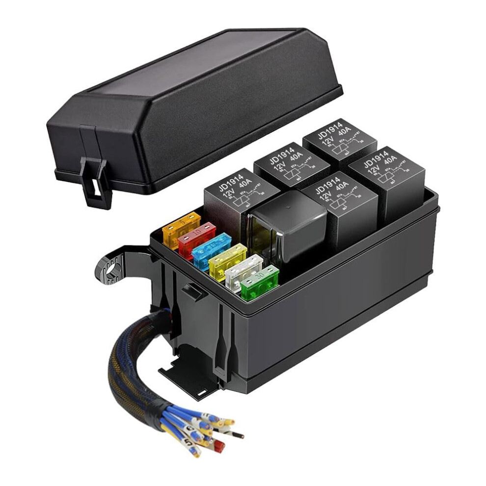 Pre-Wired 12V Fuse And Relay Box, 6 Relay Slots And 6 Atc/Ato Fuse Holders, With 6 Fuses And 5 Jd1914 5-Pin Relays And 1 Rtt7121 4-Pin Relay 4027070138439
