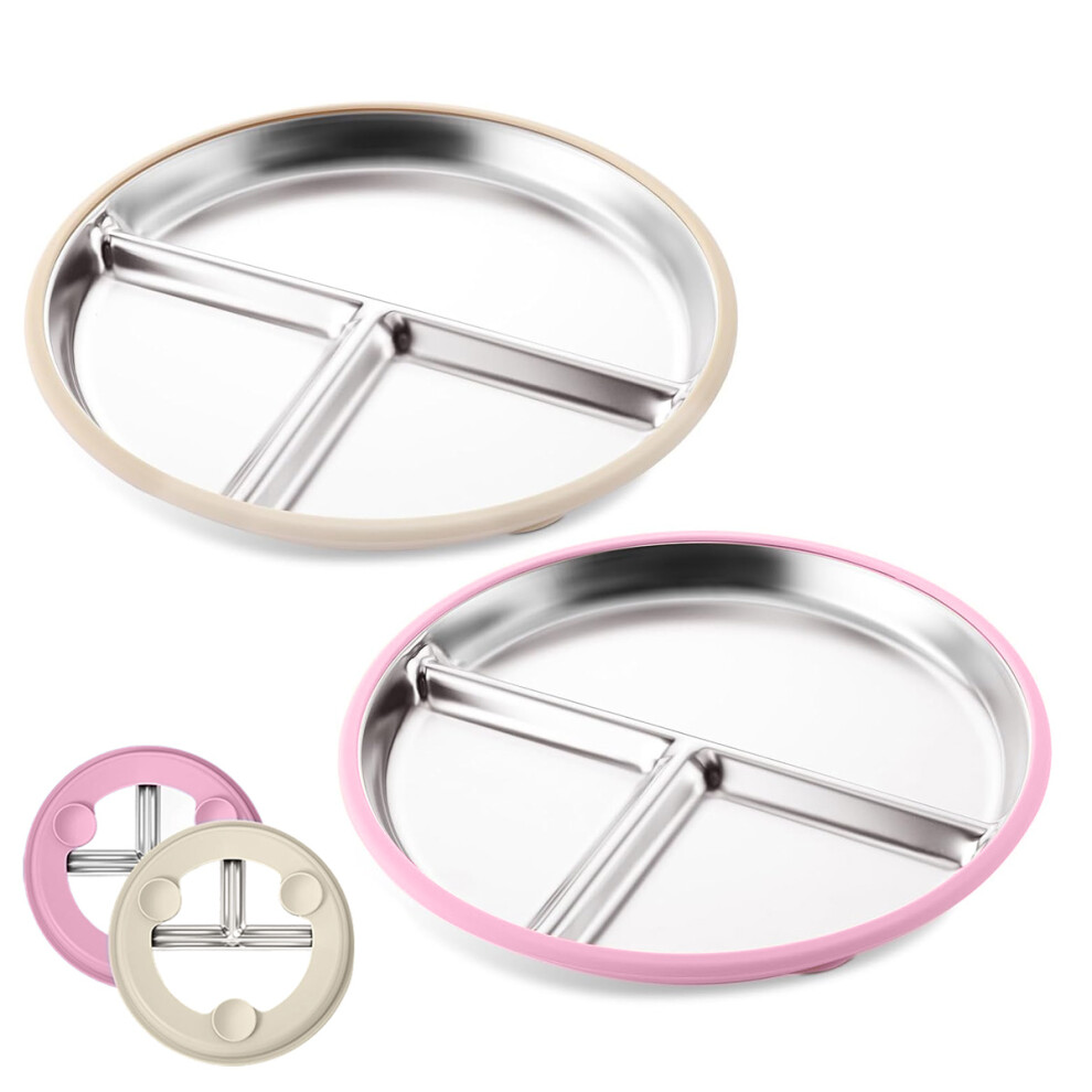 Divided Plates for Toddlers, 9 Inch Stainless Steel Kids Plates with Removable Silicone Suction Base, Non Toxic Unbreakable Feeding Dishes with