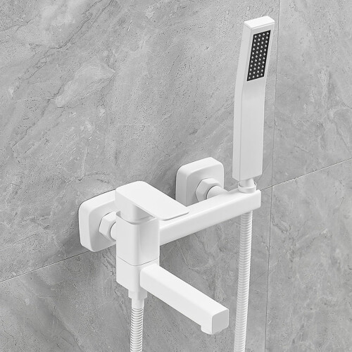 Bath Mixer Tap Wall Mounted Brass with Shower Head, Foldable Dual Function, Hot Cold Control White