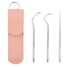 (Pink) 3 Pcs/Set Stainless Steel Toothpicks Kit, Teeth Cleaning Tools, Reusable Tooth Picks Set, Pocket Keychain Portable Metal Toothpicks For Travel