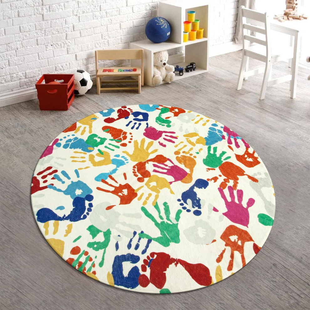 Colorful Round Kids Rug 5 Ft, Machine Washable, NonSlip Circle Rug for Playroom and Classroom, Handprint Footprint Mat