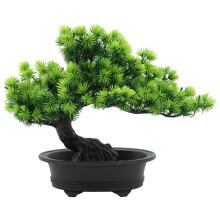 Artificial Bonsai Tree Curved Trunk Indoor Decor 23 Cm Green Needle Leaves Black Pot Home Office Hotel