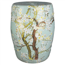 Decorative Ceramic Garden Stool, Glazed Ceramic HandPainted Flower and Bird Drum Stool, Garden Decor, Shade Green