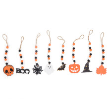 Fall Bead Garland Halloween Decoration Rustic Wood Bead Pendant, Seasonal Home Decor With Bat And Pumpkin Tags Wall Hanging Shelf Display