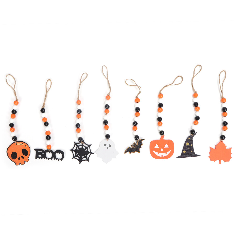 Fall Bead Garland Halloween Decoration Rustic Wood Bead Pendant, Seasonal Home Decor With Bat And Pumpkin Tags Wall Hanging Shelf Display