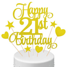 Glitter Card Stock Cake Topper for Birthday Display, Happy 21st Birthday Party Decoration with Shimmering Gold Glitter Finish, Non-Toxic Handmade