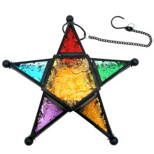 Handcrafted Star Glass Lantern Wall Hanging Candle Holder With Colorful Glass Panels For Home And Patio Decor