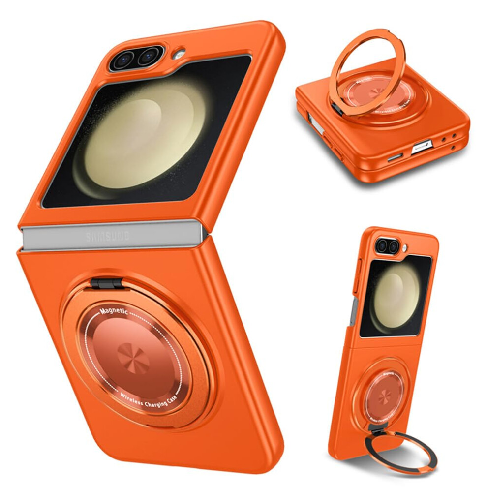 Case For Samsung Galaxy Z Flip 5, Shockproof Magnetic 360 Rotating Ring Cover, Wireless Charging Compatible, Orange 9199774359542