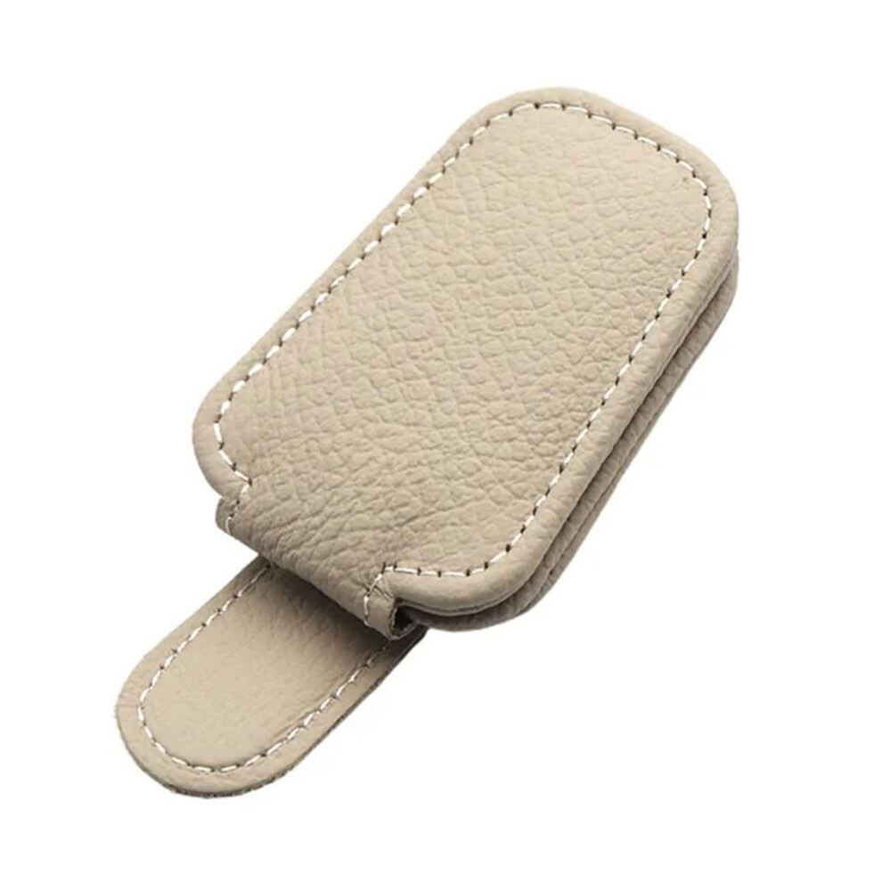 Car Sunglasses Holder Leather Sun Visor Clip With Magnetic Lock And Ticket Card Slot Beige 9189345384905