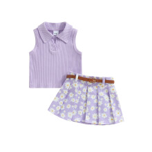 (12-18 Months, Purple) Ensemble d'été 2 pièces fille : débardeur uni sans manches et jupe plissée à fleurs.