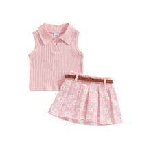 (6-12 Months, Pink) Ensemble d'été 2 pièces fille : débardeur uni sans manches et jupe plissée à fleurs.