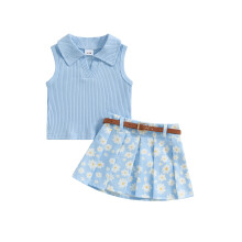 (18-24 Months, Blue) Ensemble d'été 2 pièces fille : débardeur uni sans manches et jupe plissée à fleurs.