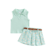 (18-24 Months, Green) Ensemble d'été 2 pièces fille : débardeur uni sans manches et jupe plissée à fleurs.