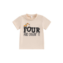 (4-5 Years, Beige) Magliette per il compleanno di bambini, alla moda, a maniche corte, girocollo, con stampa di escavatore e lettere.