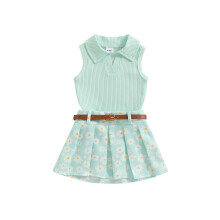 (4-5 Years, Green) Ensemble d'été 2 pièces fille : débardeur uni sans manches et jupe plissée à fleurs.