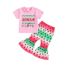 (4-5 Years, Pink) Dívčí letní 2 ks kalhotové soupravy, růžové, krátký rukáv, potisk písmen a melounu