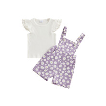 (18-24 Months, Purple) Ensemble 2 pièces fille : haut côtelé manches papillon + short à bretelles marguerites - Vêtements tout-petits