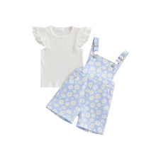 (18-24 Months, Blue) Ensemble 2 pièces fille : haut côtelé manches papillon + short à bretelles marguerites - Vêtements tout-petits