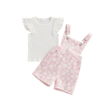 (2-3 Years, Pink) Ensemble 2 pièces fille : haut côtelé manches papillon + short à bretelles marguerites - Vêtements tout-petits