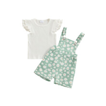 (12-18 Months, Green) Ensemble 2 pièces fille : haut côtelé manches papillon + short à bretelles marguerites - Vêtements tout-petits