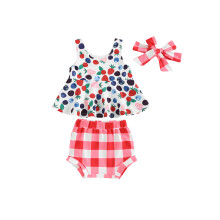 (0-6 Months, Red) Conjunto feminino de verão 3 peças: shorts, regata sem mangas, estampa beisebol/frutas e faixa de cabelo.