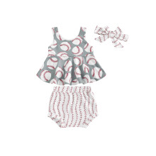 (18-24 Months, White) Conjunto feminino de verão 3 peças: shorts, regata sem mangas, estampa beisebol/frutas e faixa de cabelo.