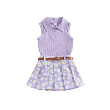 (4-5 Years, Purple) Ensemble d'été 2 pièces fille : débardeur uni sans manches et jupe plissée à fleurs.