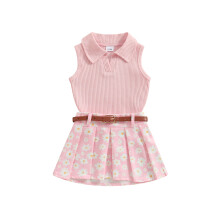 (4-5 Years, Pink) Ensemble d'été 2 pièces fille : débardeur uni sans manches et jupe plissée à fleurs.