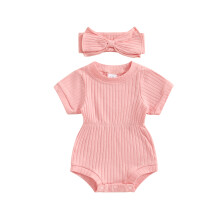 (3-6 Months, Pink) Conjunto para recém-nascida, body liso de manga curta e gola redonda com faixa de cabelo com laço. Roupa de verão.