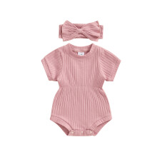 (9-12 Months, Purple) Conjunto para recém-nascida, body liso de manga curta e gola redonda com faixa de cabelo com laço. Roupa de verão.